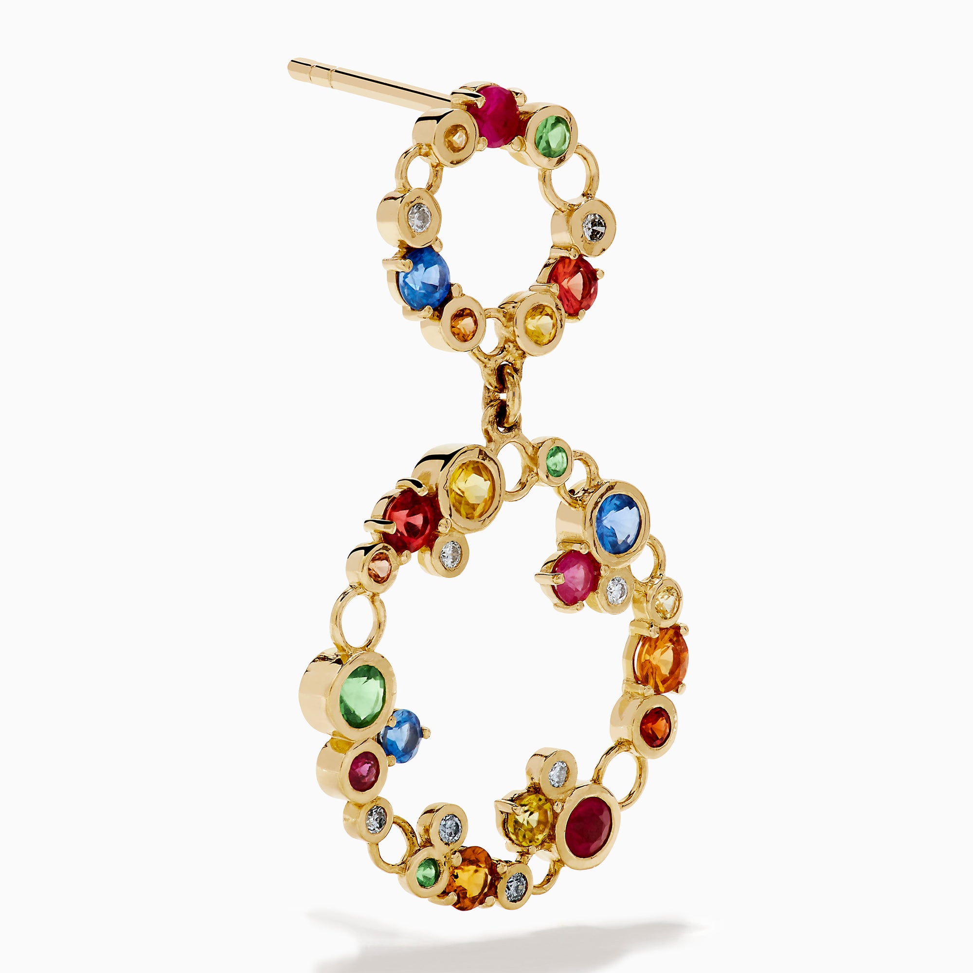 Watercolors 14K Gold Multi Sapphire and Diamond Dangle Bubble Earrings feature two linked open circles adorned with blue, green, yellow, pink, red, and clear sapphires plus diamonds for an eye-catching pop of color.