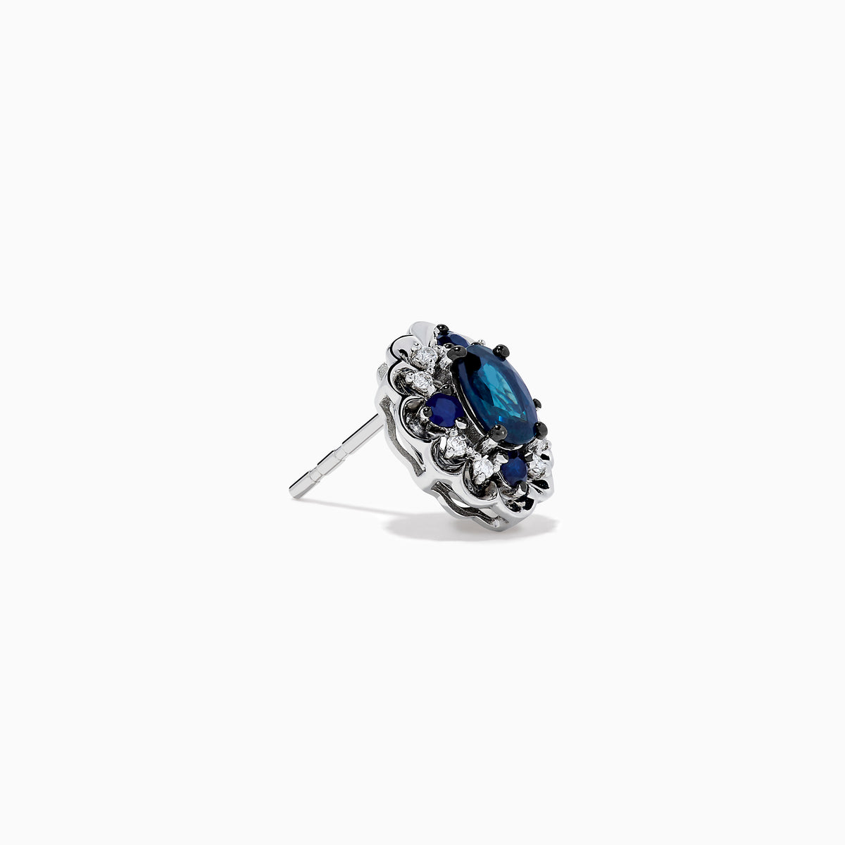 14K White Gold Sapphire and Diamond Vintage Halo Stud Earrings with oval blue sapphires surrounded by a halo of diamonds, shown on a white background.