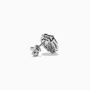 14K White Gold Sapphire and Diamond Vintage Halo Stud Earrings with oval blue sapphires surrounded by a halo of diamonds, shown on a white background.