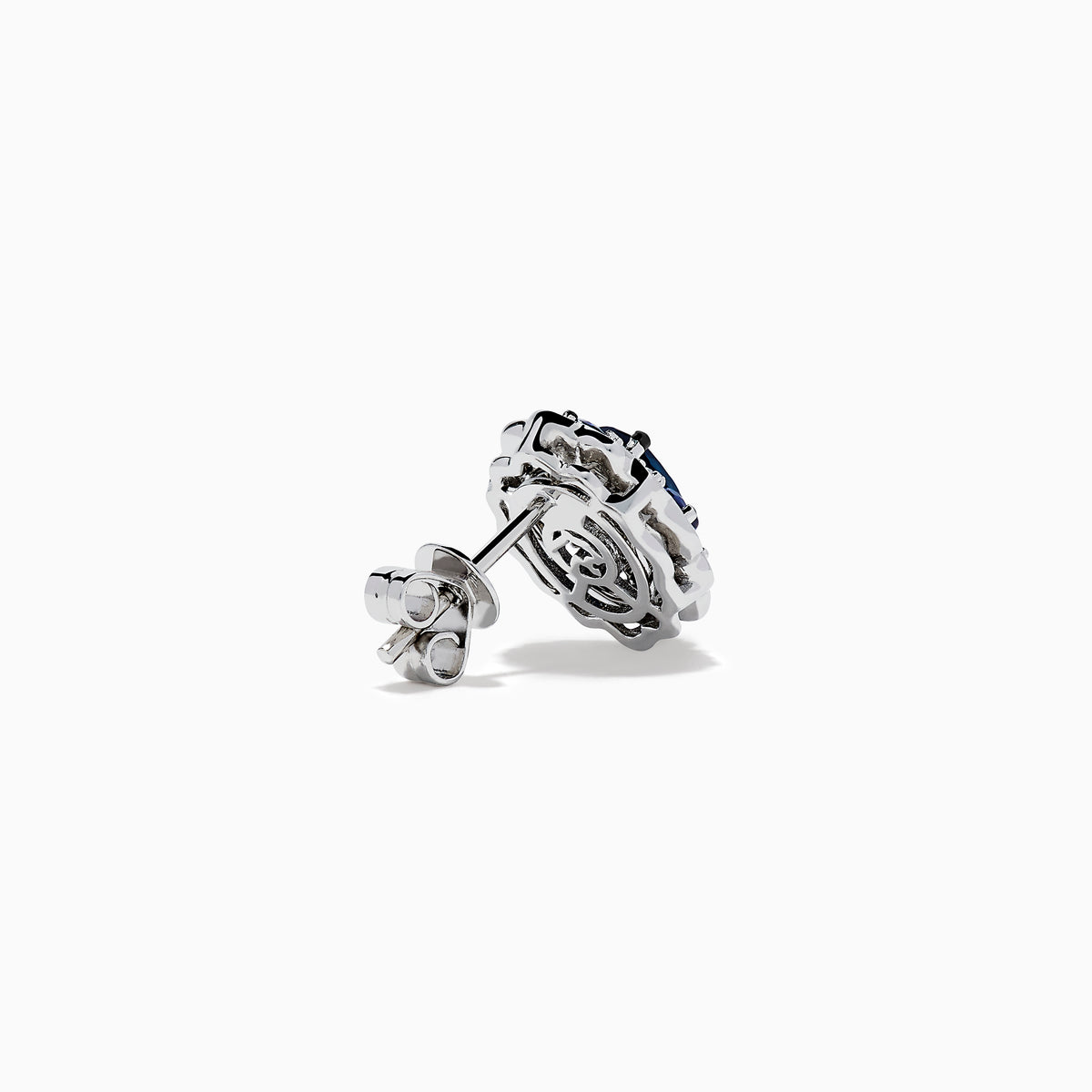 14K White Gold Sapphire and Diamond Vintage Halo Stud Earrings with oval blue sapphires surrounded by a halo of diamonds, shown on a white background.