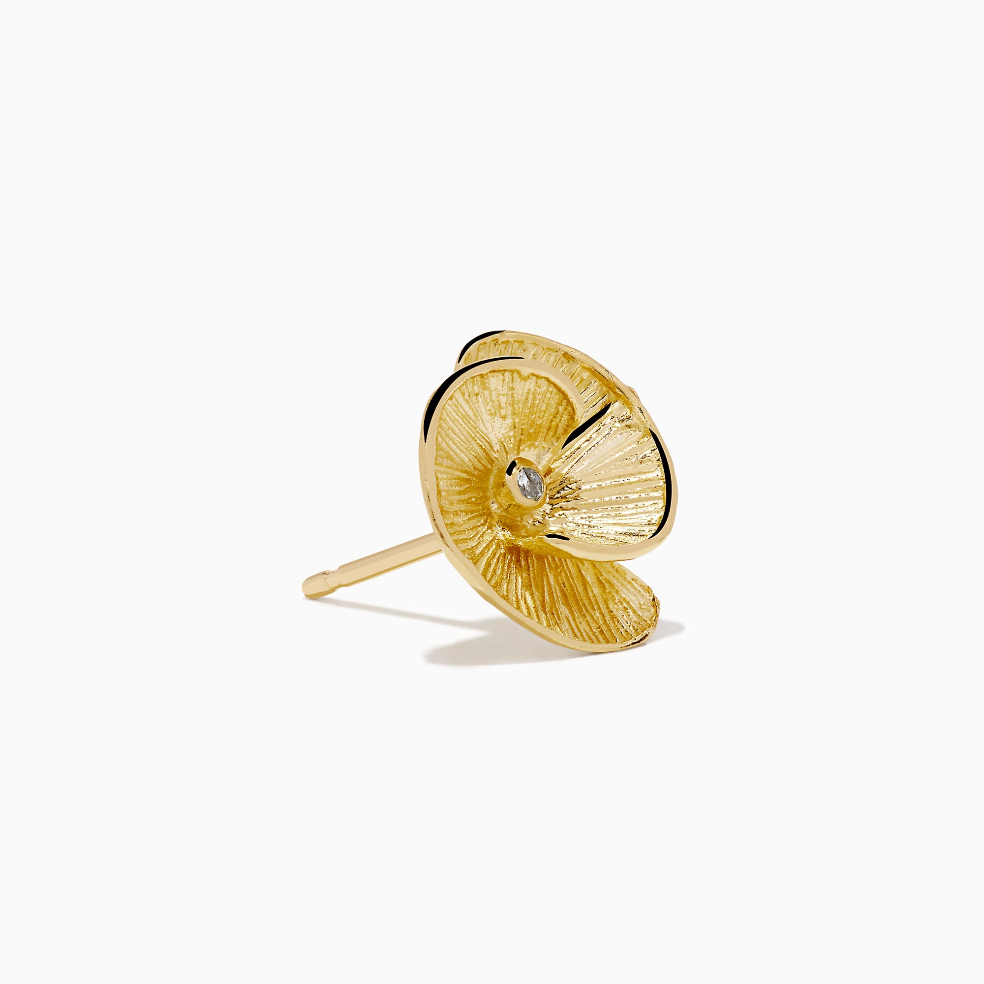 A pair of 14K yellow gold stud earrings featuring a flower design accented with a diamond at the center, displayed on a white background.