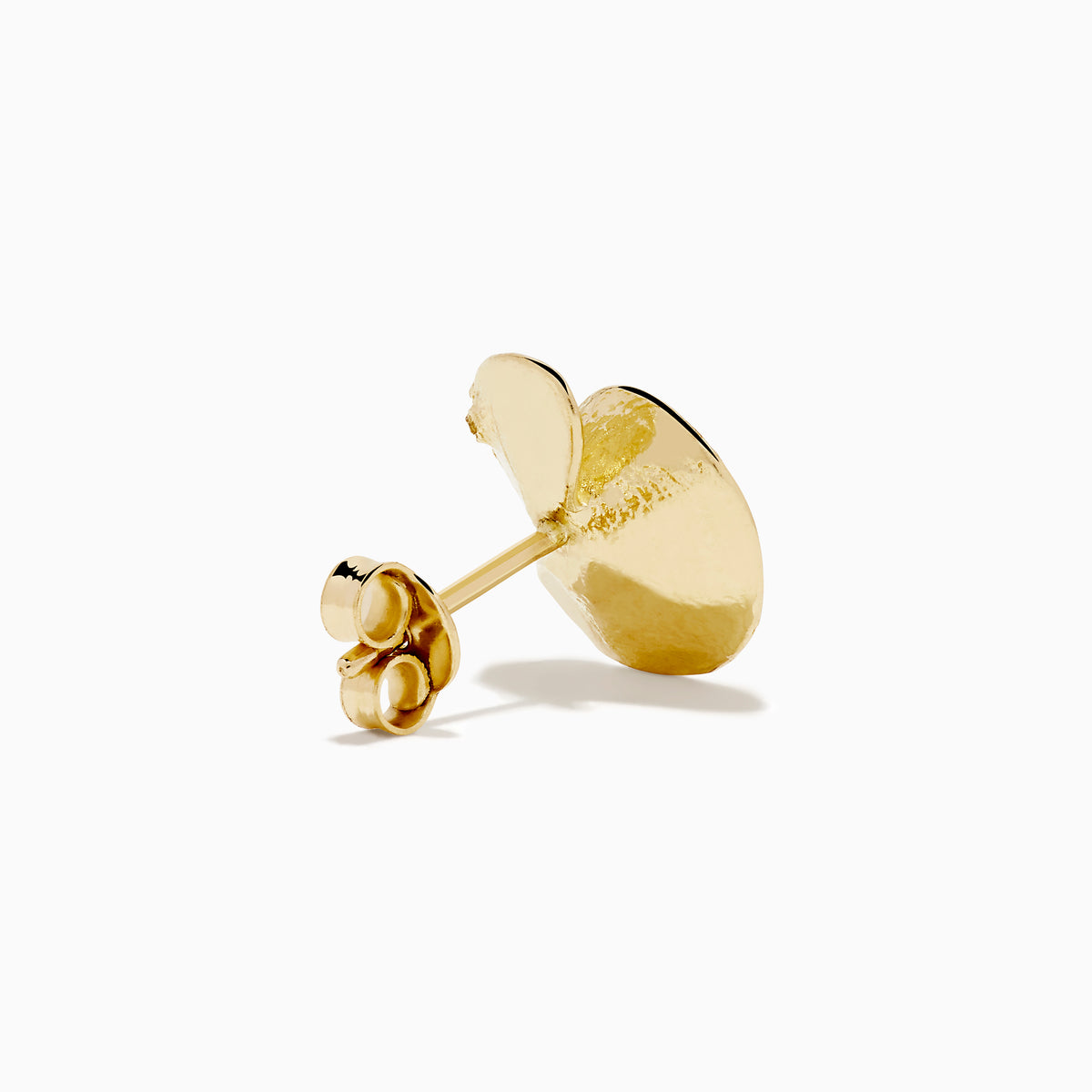 A pair of 14K yellow gold stud earrings featuring a flower design accented with a diamond at the center, displayed on a white background.