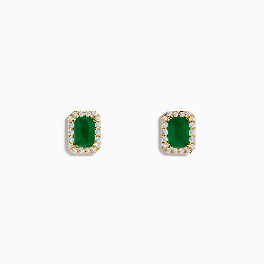 The 14K Yellow Gold Diamond Halo Emerald Stud Earrings feature rectangular emeralds framed by sparkling diamonds, set in yellow gold and shown against a plain white background.