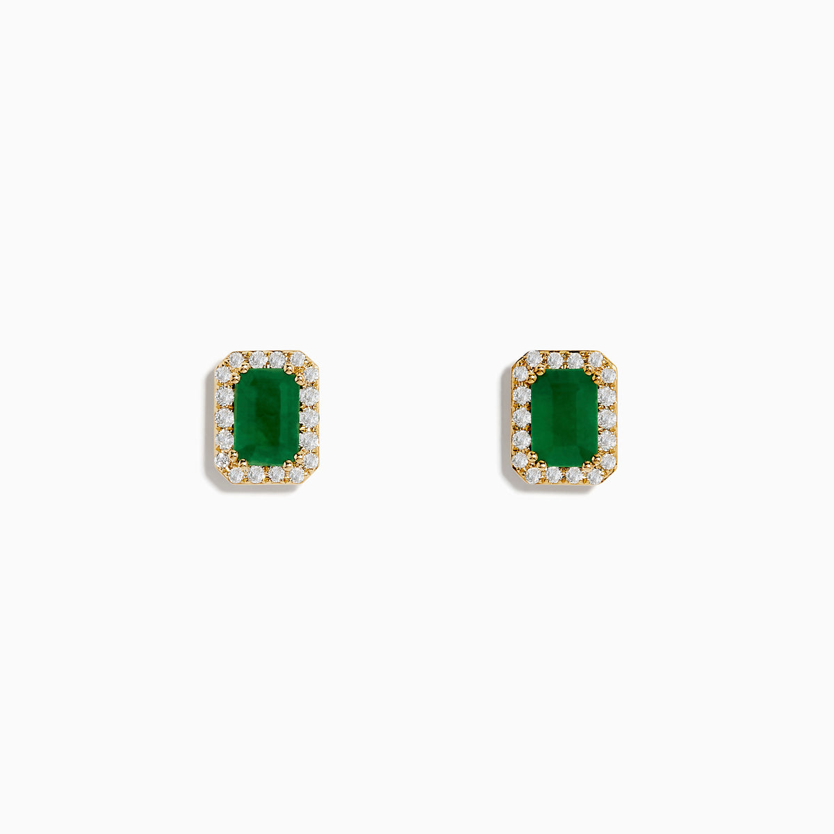 The 14K Yellow Gold Diamond Halo Emerald Stud Earrings feature rectangular emeralds framed by sparkling diamonds, set in yellow gold and shown against a plain white background.