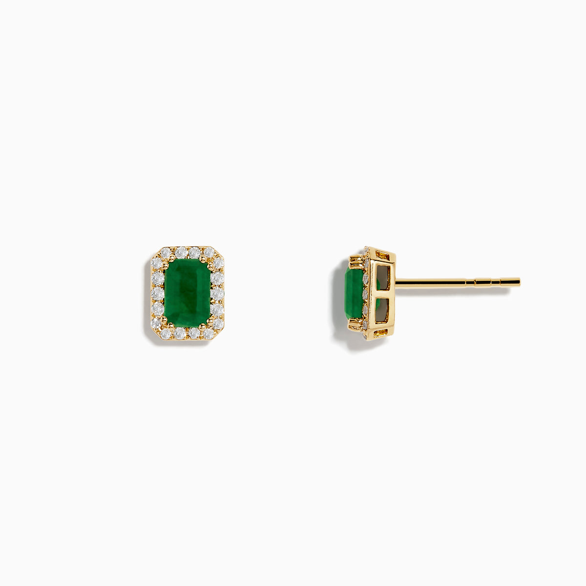 The 14K Yellow Gold Diamond Halo Emerald Stud Earrings feature rectangular emeralds framed by sparkling diamonds, set in yellow gold and shown against a plain white background.
