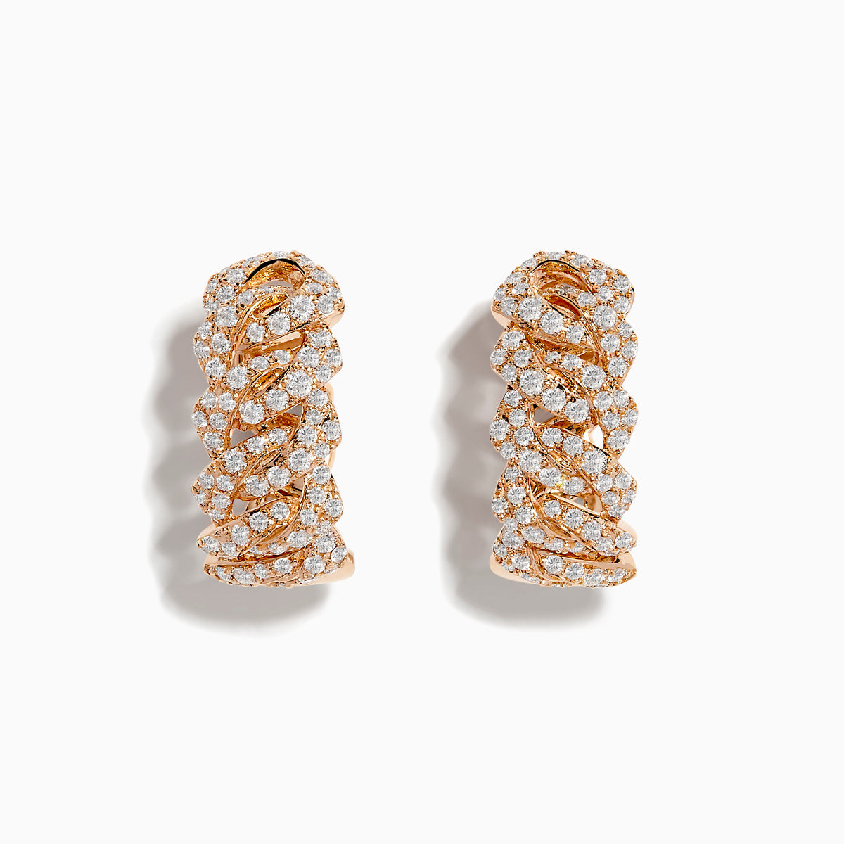 A pair of Pave Rose 14K Rose Gold Diamond Huggie Earrings featuring an intricate braided design and sparkling white diamonds, showcased against a white background.