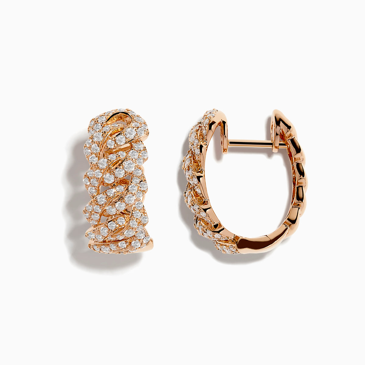 A pair of Pave Rose 14K Rose Gold Diamond Huggie Earrings featuring an intricate braided design and sparkling white diamonds, showcased against a white background.