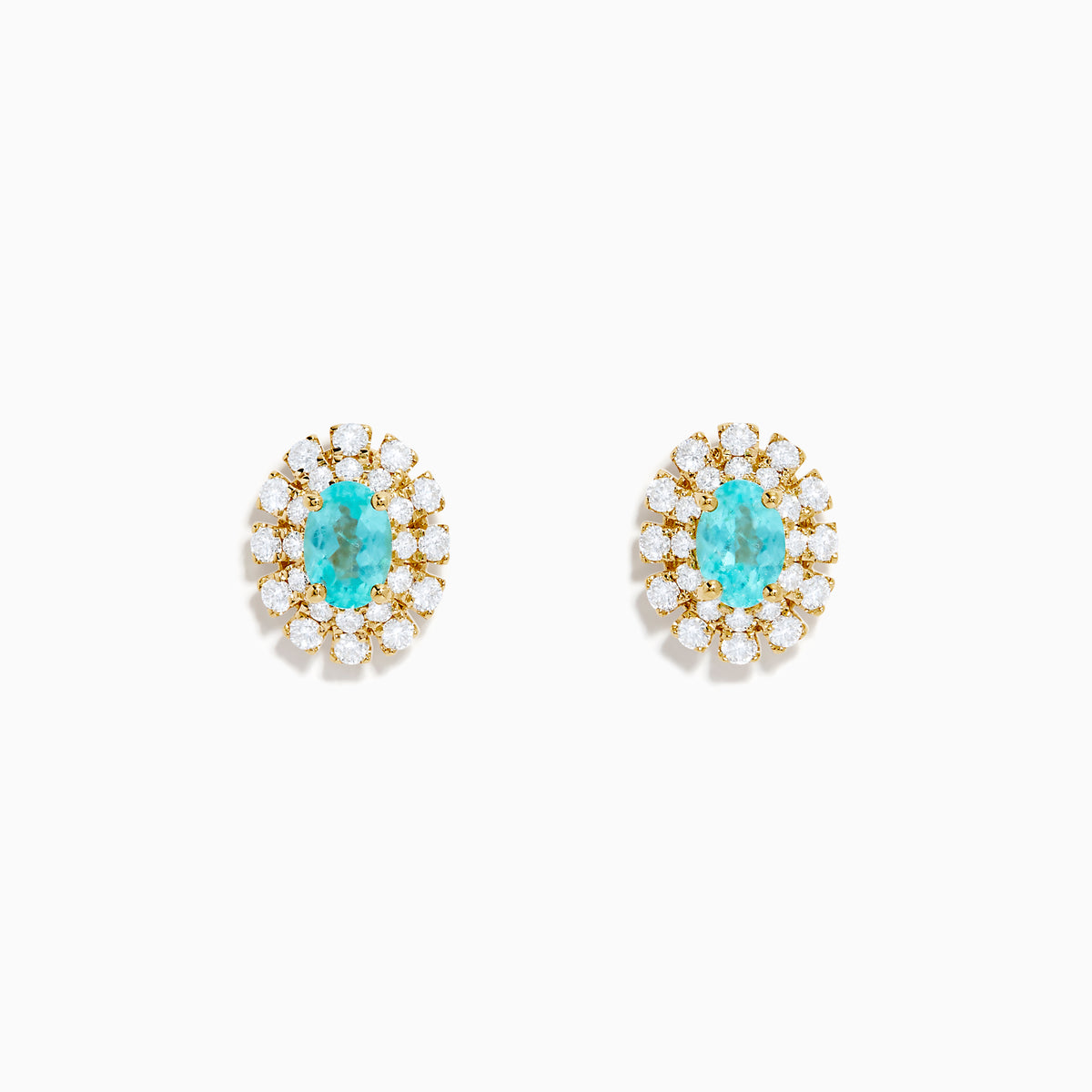 A pair of 18K Yellow Gold Paraiba and Diamond Stud Earrings featuring an oval Paraiba gemstone at the center, surrounded by a halo of small clear diamonds, displayed on a white background.