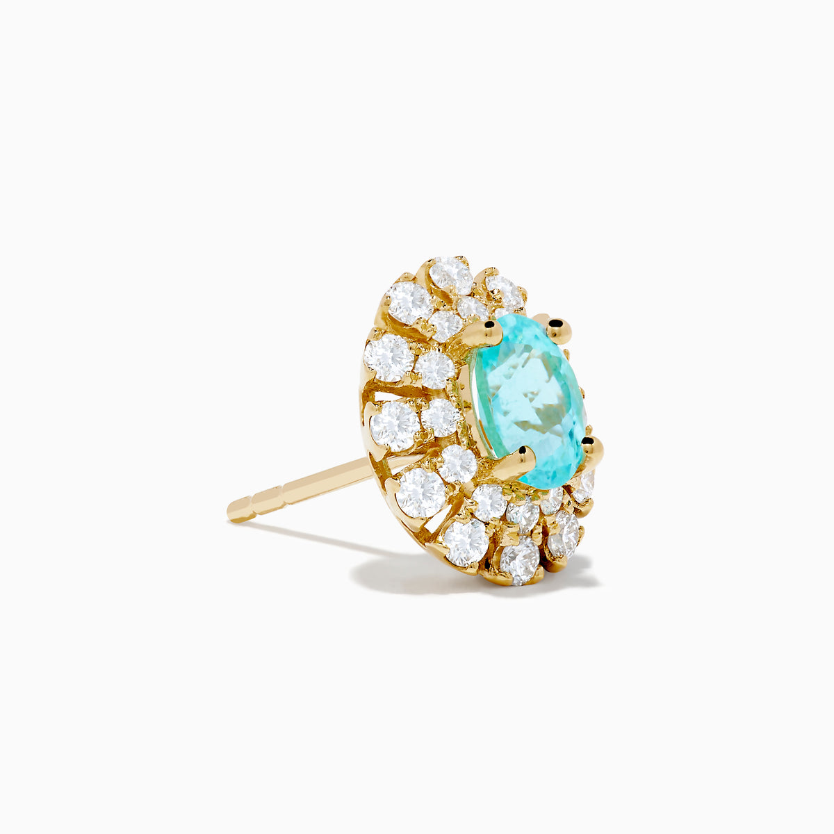 A pair of 18K Yellow Gold Paraiba and Diamond Stud Earrings featuring an oval Paraiba gemstone at the center, surrounded by a halo of small clear diamonds, displayed on a white background.