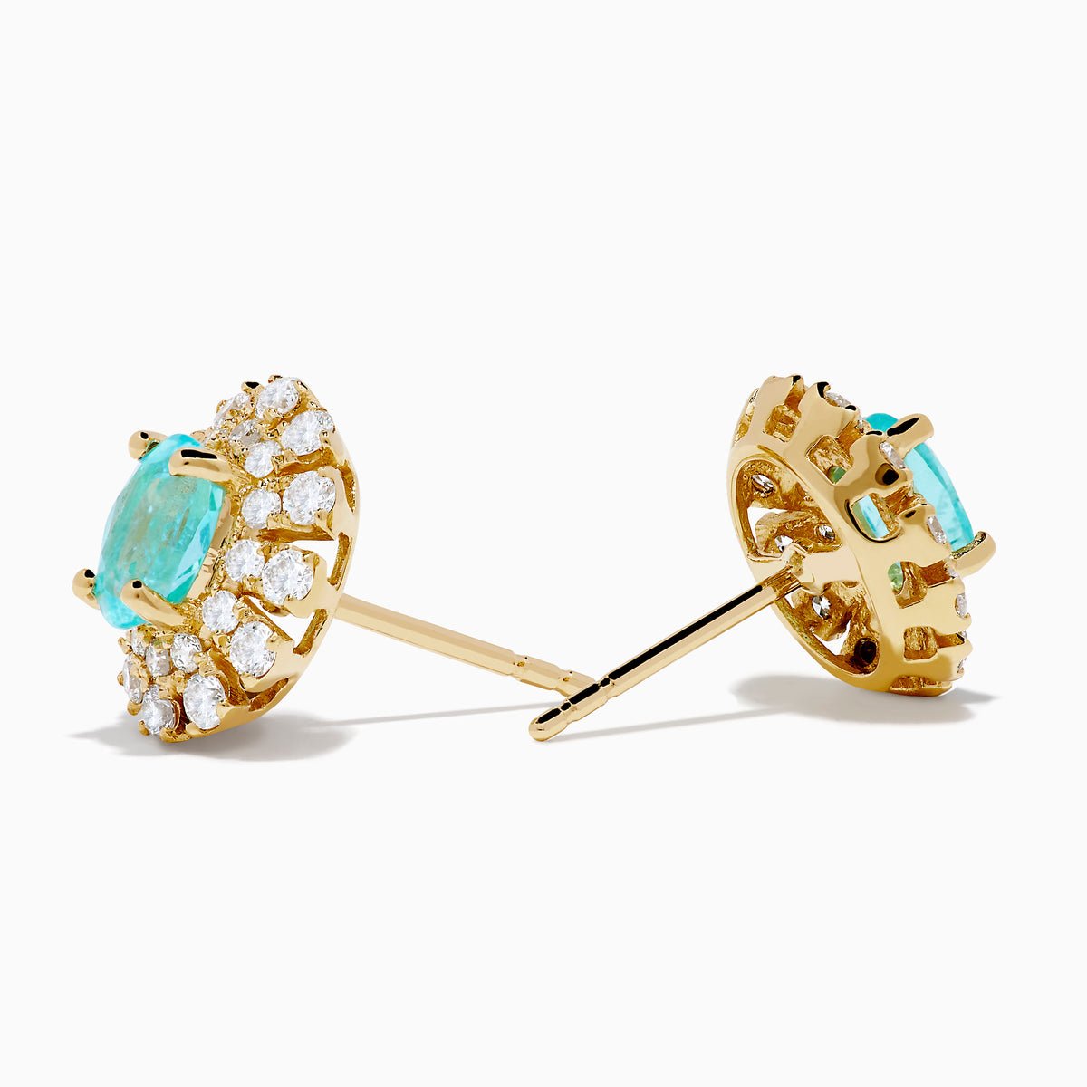 A pair of 18K Yellow Gold Paraiba and Diamond Stud Earrings featuring an oval Paraiba gemstone at the center, surrounded by a halo of small clear diamonds, displayed on a white background.