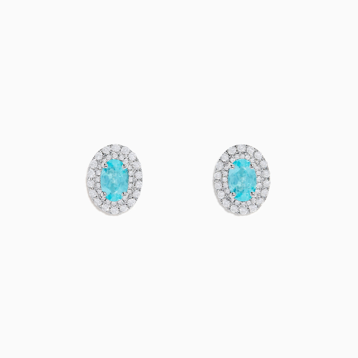 18K White Gold Paraiba and Diamond Stud Earrings featuring oval blue Paraiba center stones, each encircled by a halo of sparkling diamonds, set against a white background.