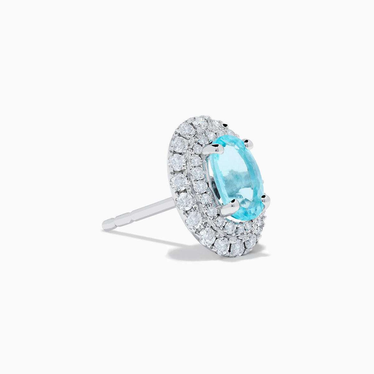18K White Gold Paraiba and Diamond Stud Earrings featuring oval blue Paraiba center stones, each encircled by a halo of sparkling diamonds, set against a white background.