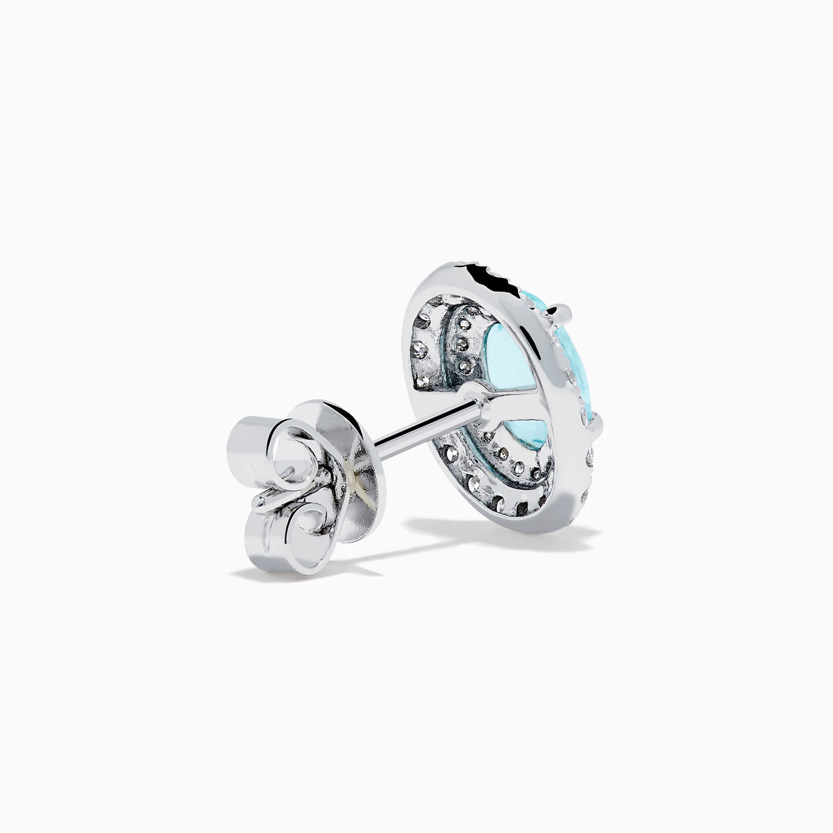 18K White Gold Paraiba and Diamond Stud Earrings featuring oval blue Paraiba center stones, each encircled by a halo of sparkling diamonds, set against a white background.