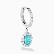 A pair of elegant 18K White Gold Paraiba and Diamond Oval Halo Drop Earrings, featuring vibrant oval Paraiba stones encircled by sparkling diamonds and additional gems on the hooks, displayed on a white background.