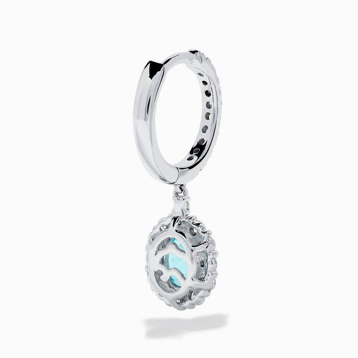 A pair of elegant 18K White Gold Paraiba and Diamond Oval Halo Drop Earrings, featuring vibrant oval Paraiba stones encircled by sparkling diamonds and additional gems on the hooks, displayed on a white background.