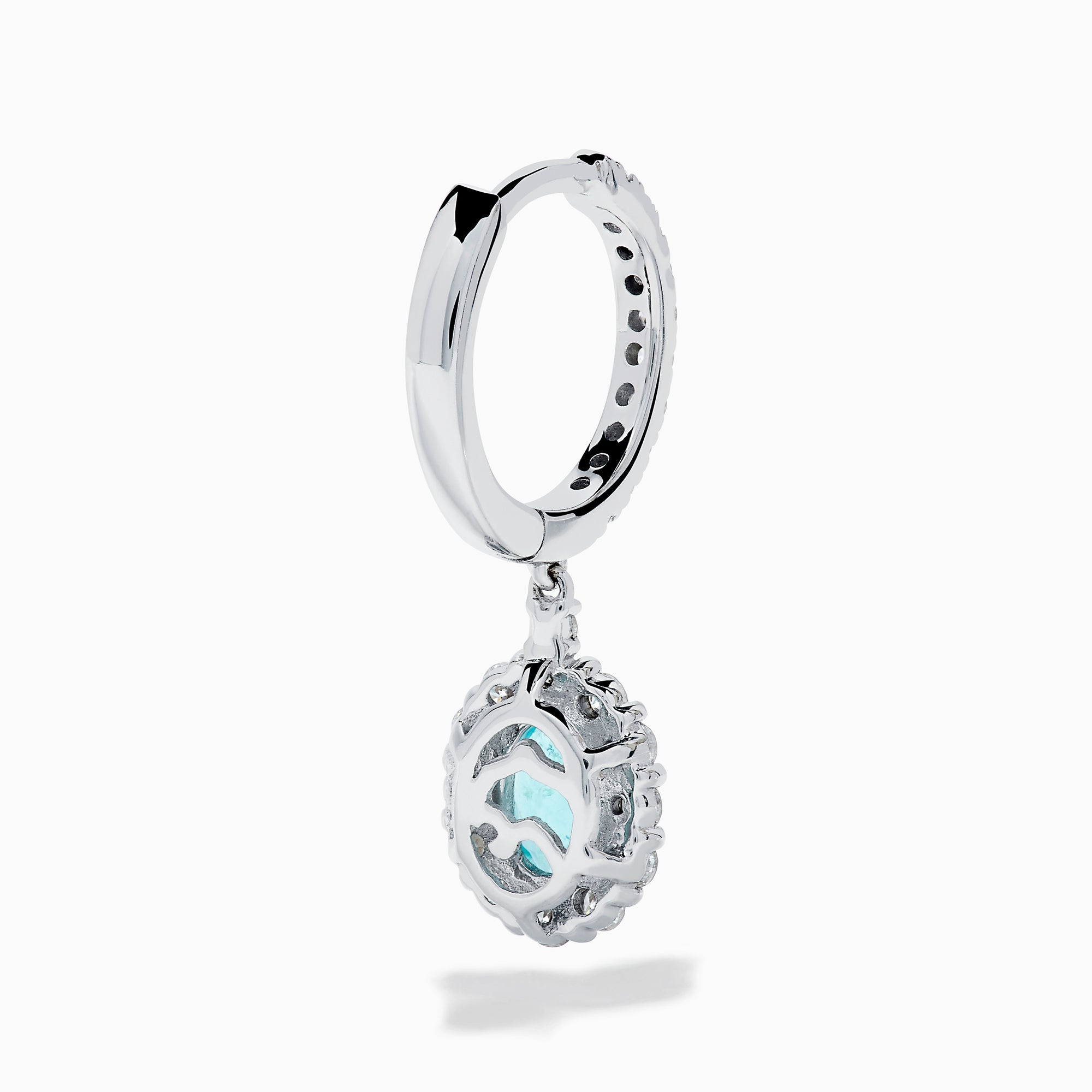 A pair of elegant 18K White Gold Paraiba and Diamond Oval Halo Drop Earrings, featuring vibrant oval Paraiba stones encircled by sparkling diamonds and additional gems on the hooks, displayed on a white background.