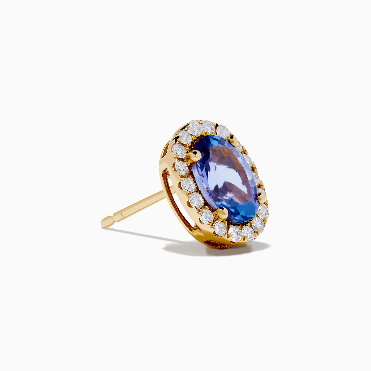 The Nahla 14K Yellow Gold Tanzanite and Diamond Stud Earrings feature oval blue tanzanites haloed by small diamonds, set in yellow gold and shown on a white background.