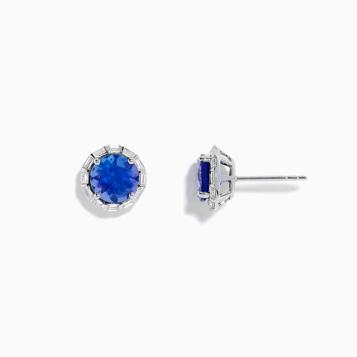 The Nahla Siri 14K White Gold Tanzanite and Diamond Stud Earrings feature vivid blue tanzanite centers surrounded by sparkling diamonds in a classic round stud design.