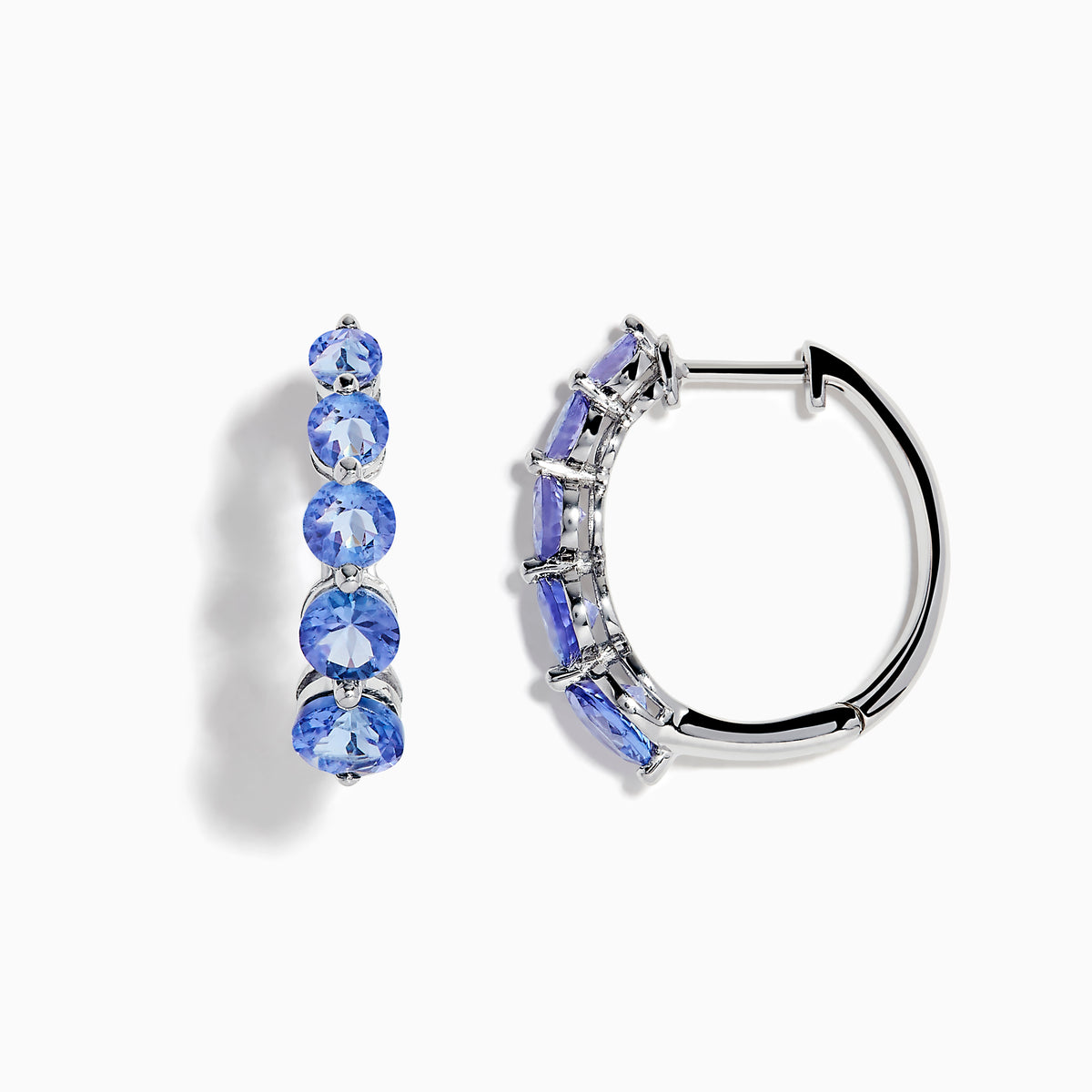 Nahla Siri Sterling Silver Tanzanite Hoop Earrings, each adorned with five round tanzanite stones set vertically on sterling silver, are displayed against a white background.