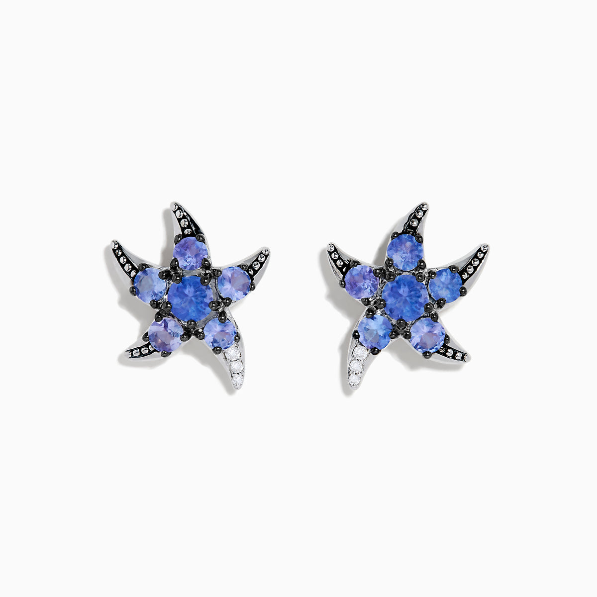 925 Sterling Silver Tanzanite and Diamond Starfish Earrings with blue gemstone clusters and black accents, displayed on a white background.