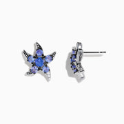 925 Sterling Silver Tanzanite and Diamond Starfish Earrings with blue gemstone clusters and black accents, displayed on a white background.