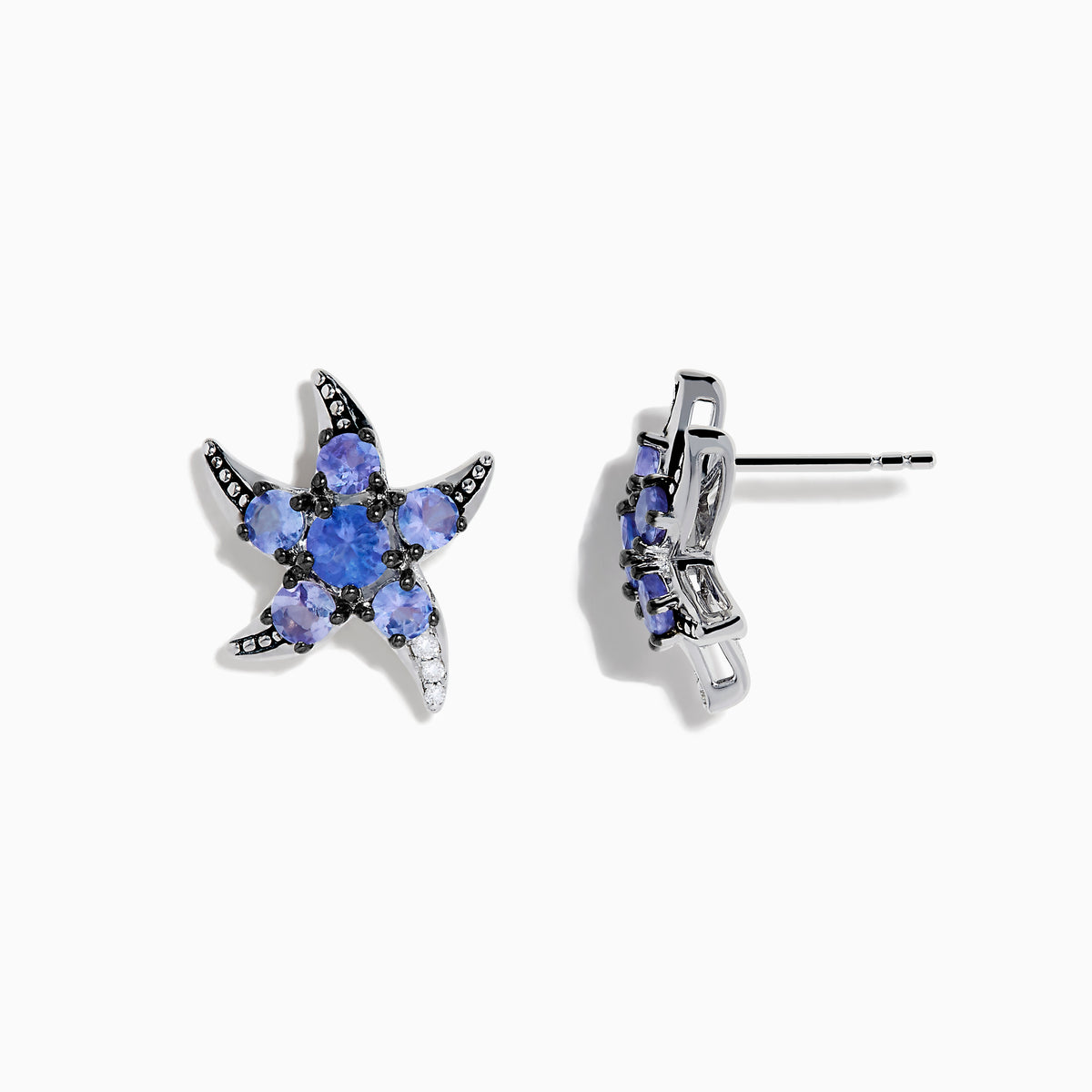925 Sterling Silver Tanzanite and Diamond Starfish Earrings with blue gemstone clusters and black accents, displayed on a white background.