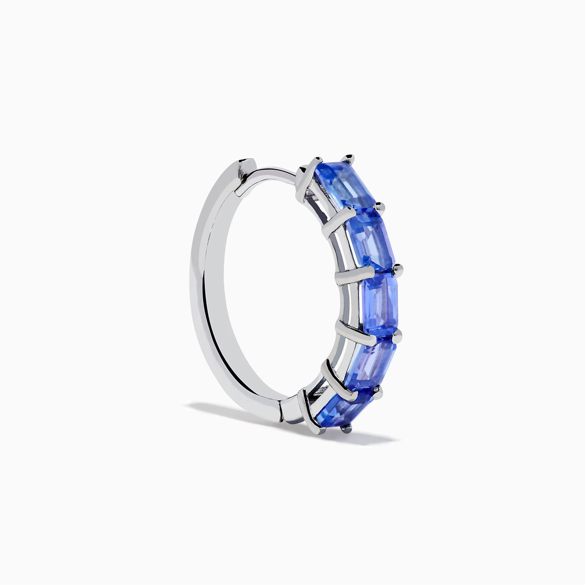 Nahla 925 Sterling Silver Tanzanite Hoop Earrings, each featuring five rectangular blue gemstones, are showcased against a white background.