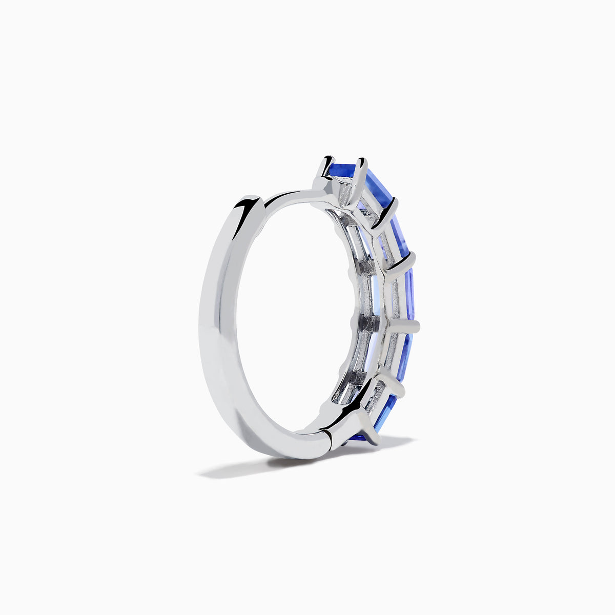 Nahla 925 Sterling Silver Tanzanite Hoop Earrings, each featuring five rectangular blue gemstones, are showcased against a white background.