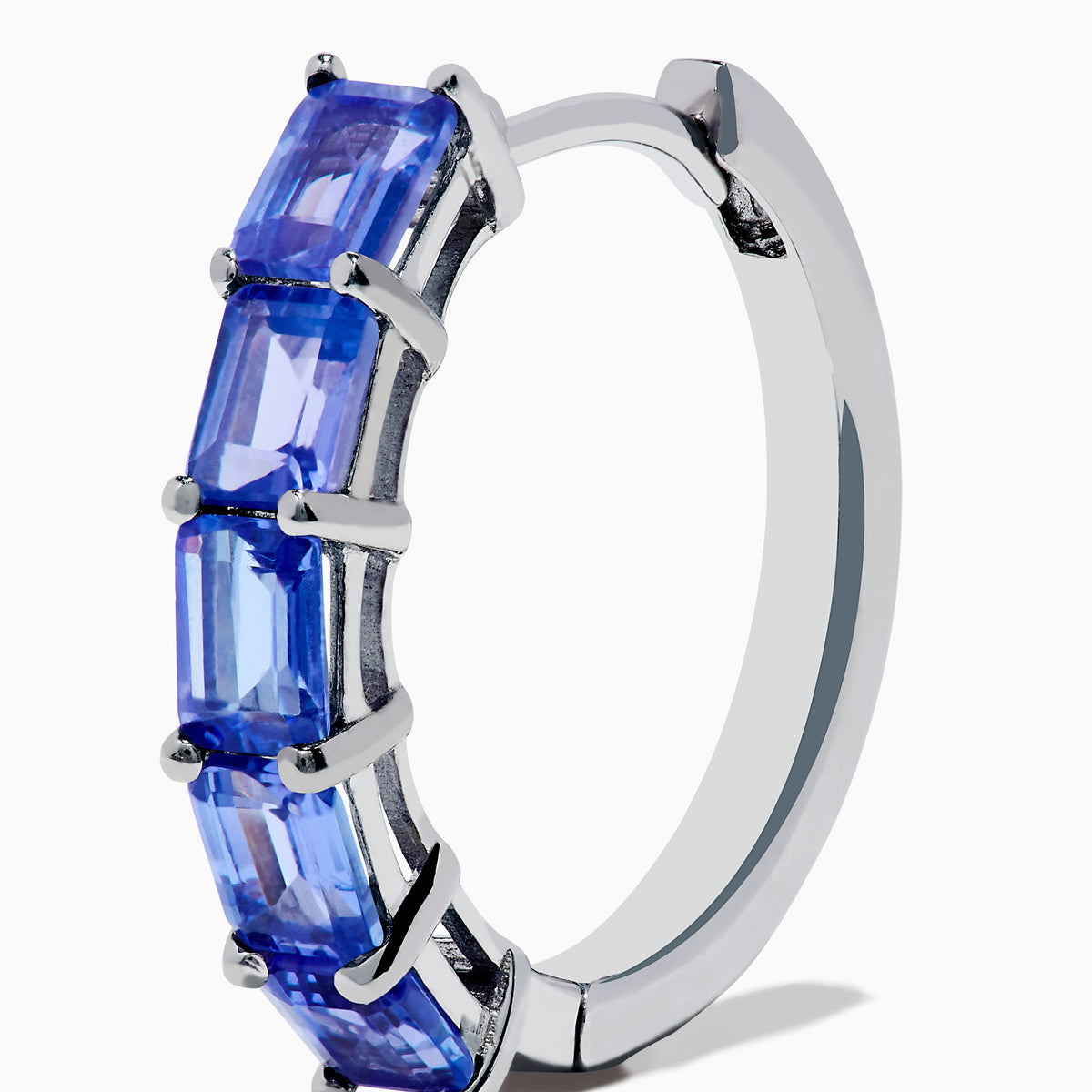 Nahla 925 Sterling Silver Tanzanite Hoop Earrings, each featuring five rectangular blue gemstones, are showcased against a white background.