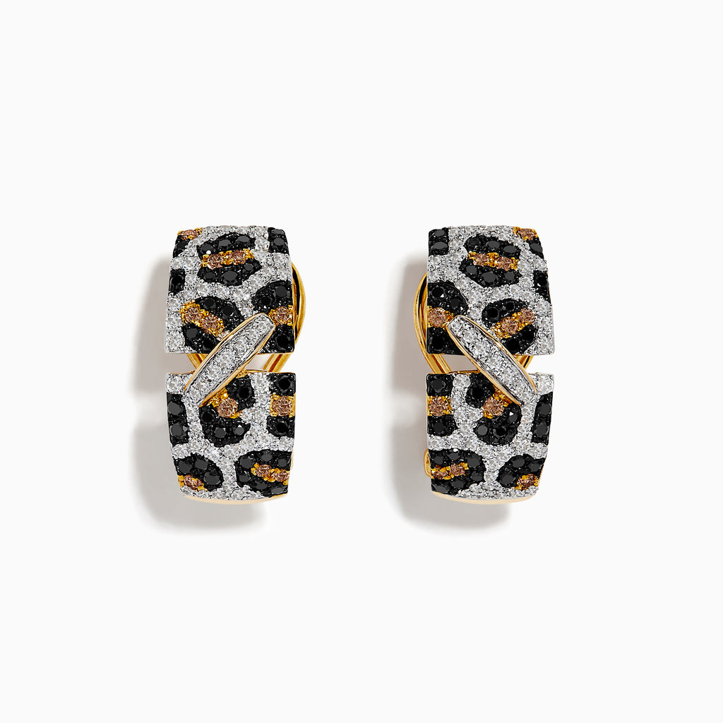 A pair of Signature 14k Yellow Gold Panther Spot Diamond Earrings, rectangular in shape with black, gold, and silver glitter leopard print and accented by angular line detailing.