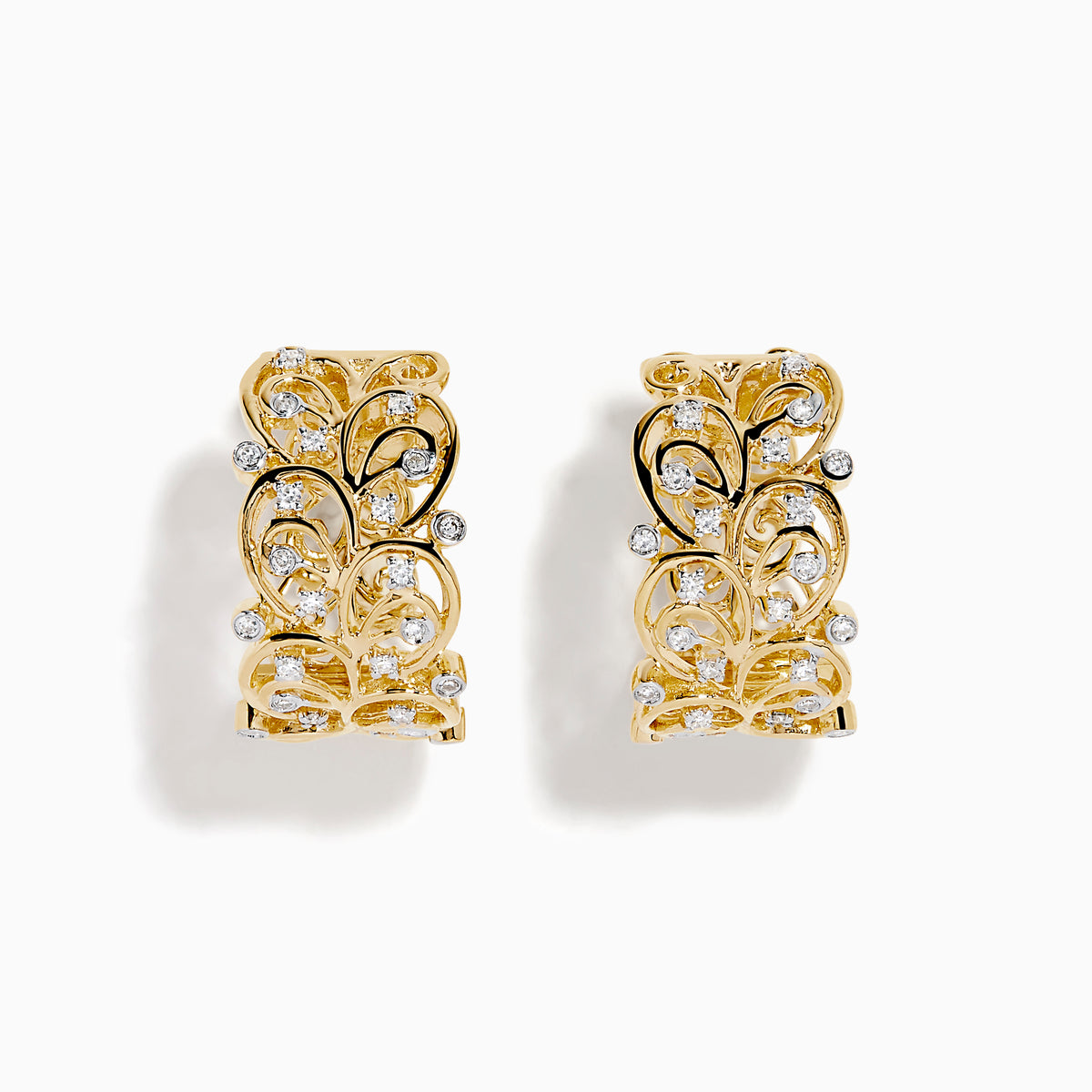The 14K Yellow Gold Diamond Filigree Vine Hoop Earrings feature intricate vine scrollwork and sparkling diamonds, displayed on a plain white background.