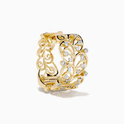 The 14K Yellow Gold Diamond Filigree Vine Hoop Earrings feature intricate vine scrollwork and sparkling diamonds, displayed on a plain white background.