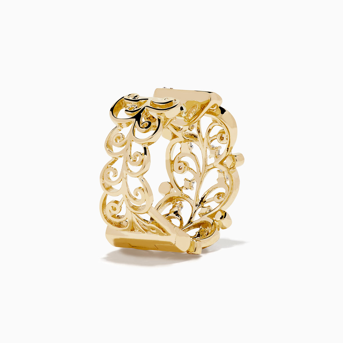 The 14K Yellow Gold Diamond Filigree Vine Hoop Earrings feature intricate vine scrollwork and sparkling diamonds, displayed on a plain white background.