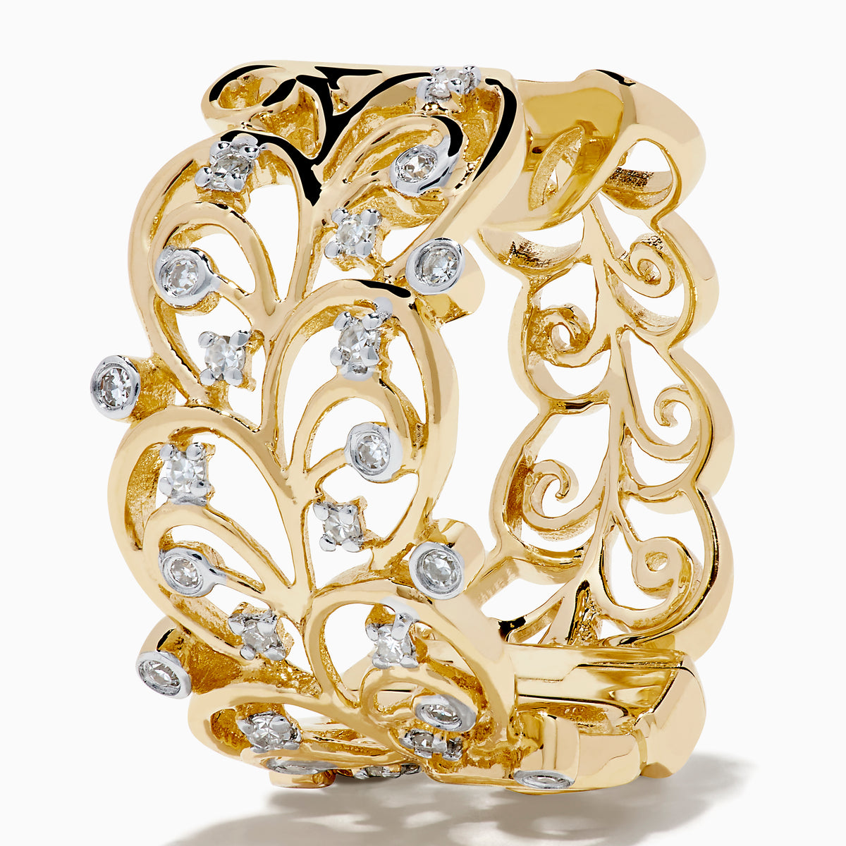 The 14K Yellow Gold Diamond Filigree Vine Hoop Earrings feature intricate vine scrollwork and sparkling diamonds, displayed on a plain white background.