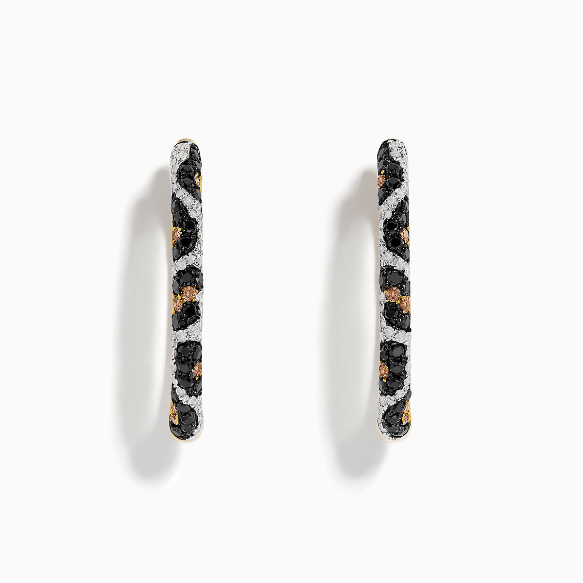 A pair of Signature 14K Yellow Gold Earrings adorned with black, espresso, and white diamonds for a striking look—an eye-catching Effy accessory.