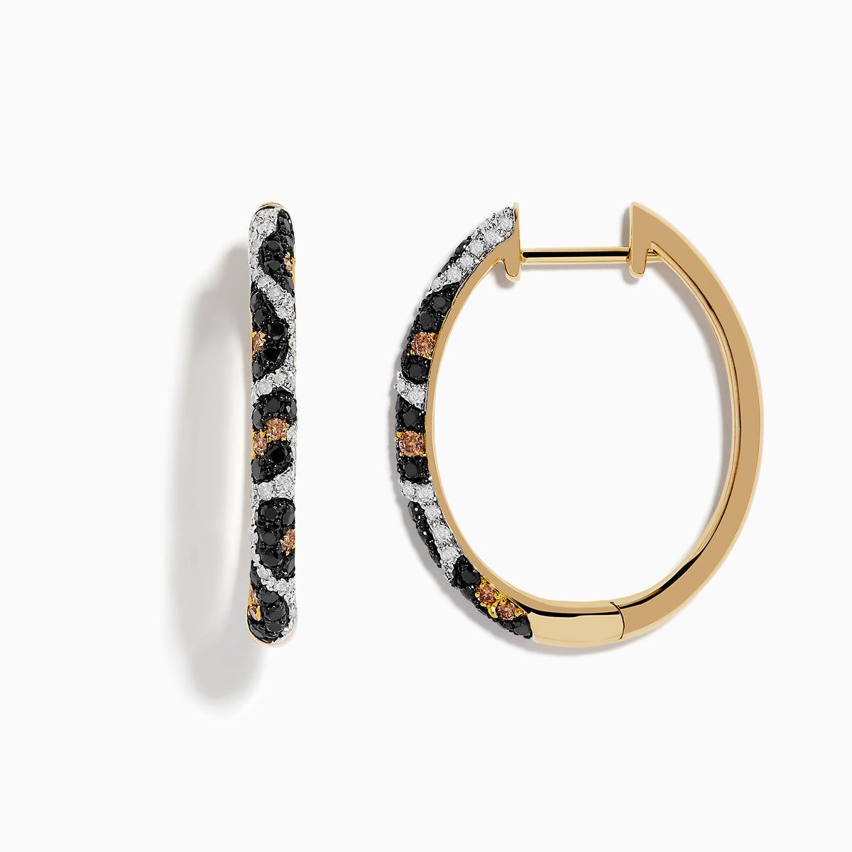 A pair of Signature 14K Yellow Gold Earrings adorned with black, espresso, and white diamonds for a striking look—an eye-catching Effy accessory.