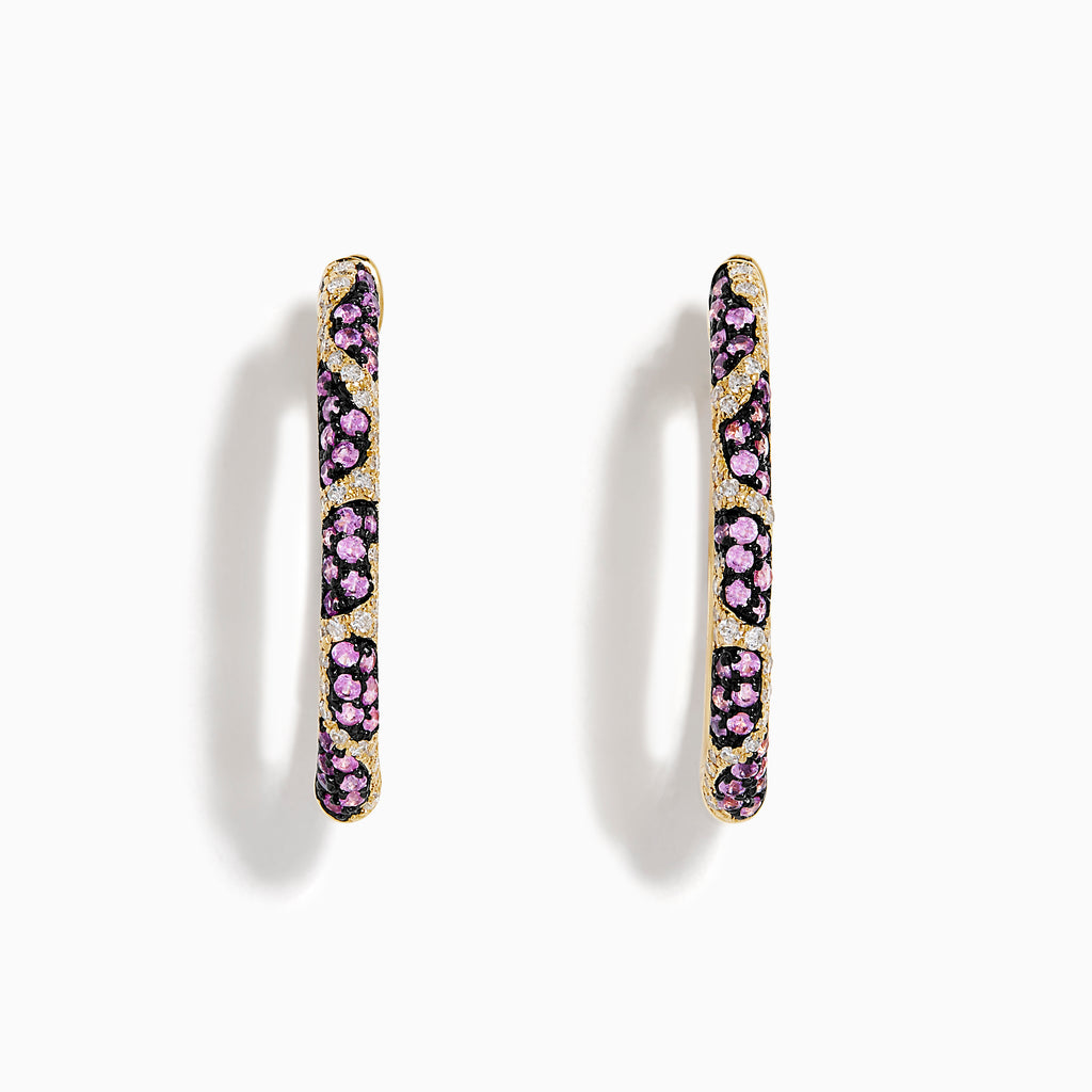 The Signature 14K Yellow Gold Pink Sapphire and Diamond Panther Print Hoop Earrings are shown upright against a plain white background.