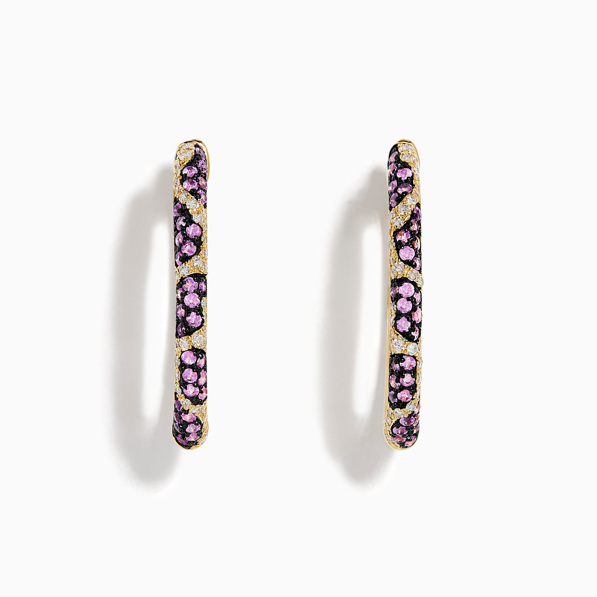 The Signature 14K Yellow Gold Pink Sapphire and Diamond Panther Print Hoop Earrings are shown upright against a plain white background.