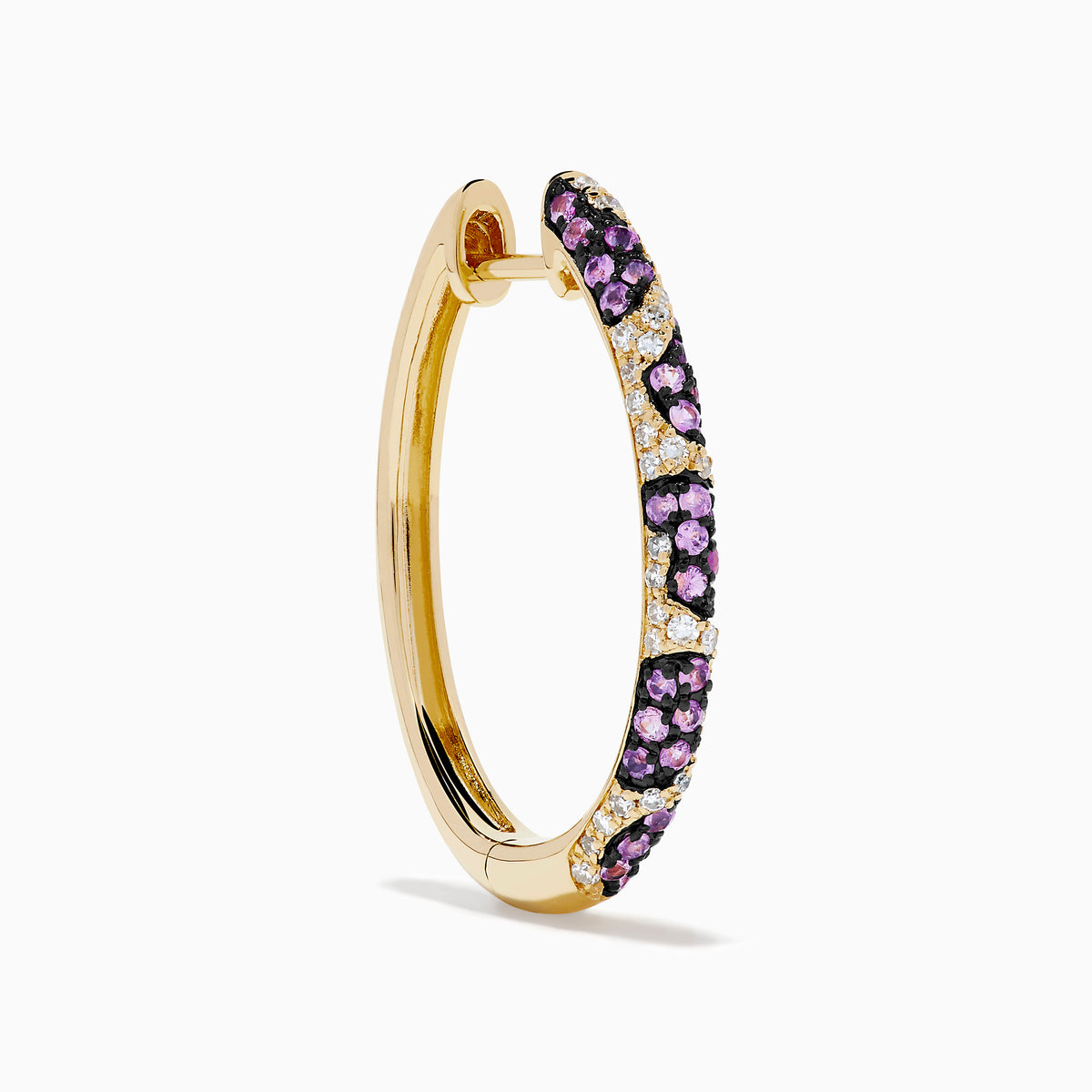 The Signature 14K Yellow Gold Pink Sapphire and Diamond Panther Print Hoop Earrings are shown upright against a plain white background.