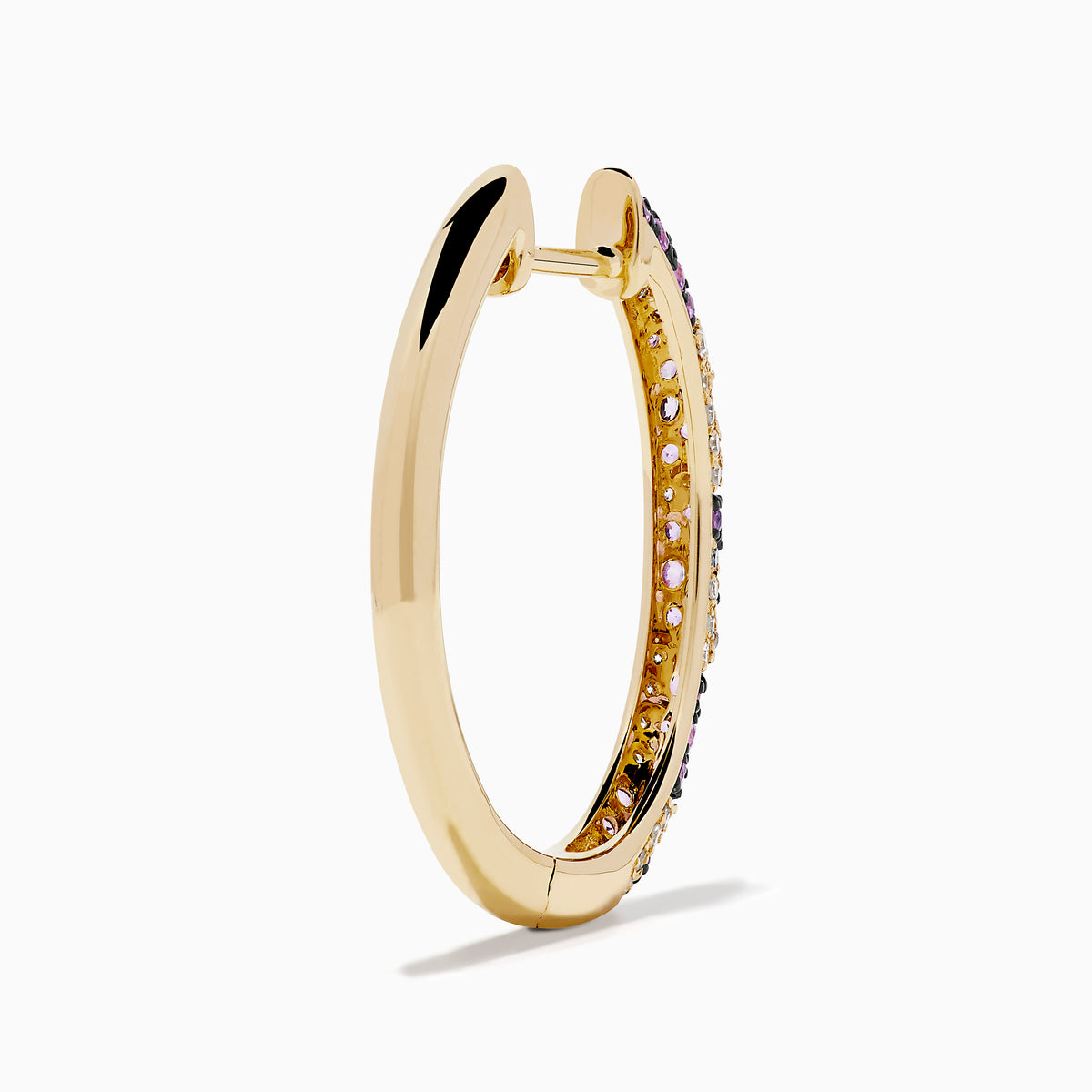 The Signature 14K Yellow Gold Pink Sapphire and Diamond Panther Print Hoop Earrings are shown upright against a plain white background.