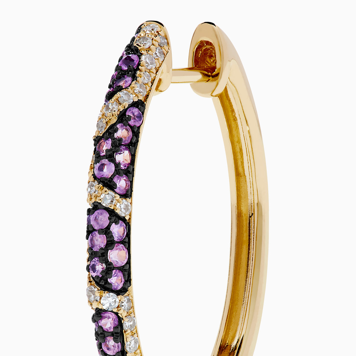 The Signature 14K Yellow Gold Pink Sapphire and Diamond Panther Print Hoop Earrings are shown upright against a plain white background.
