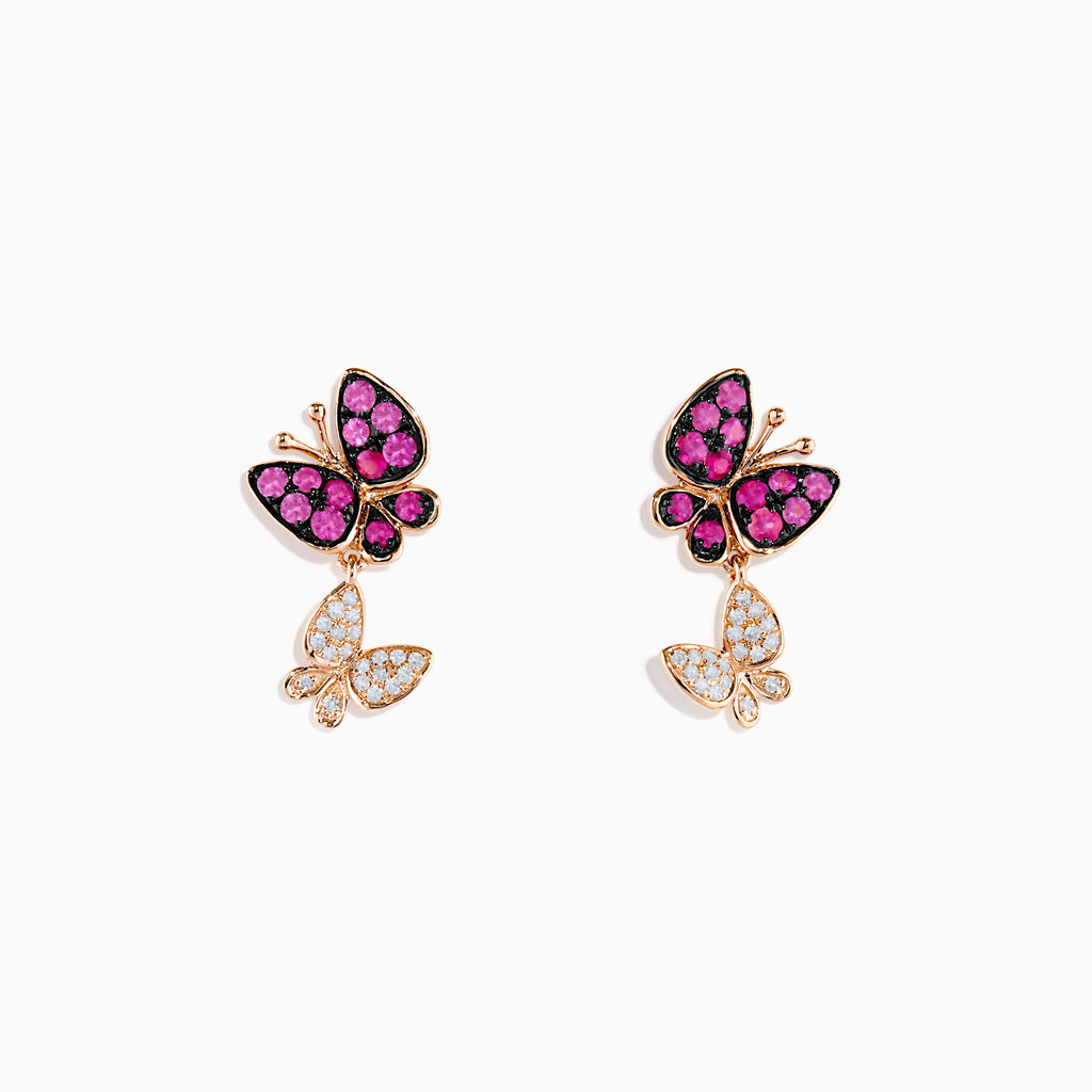 The 14K Rose Gold Pink Sapphire and Diamond Butterfly Earrings feature a large butterfly accented with pink sapphires and a smaller one set with sparkling diamonds—an elegant addition to any rose gold jewelry collection.