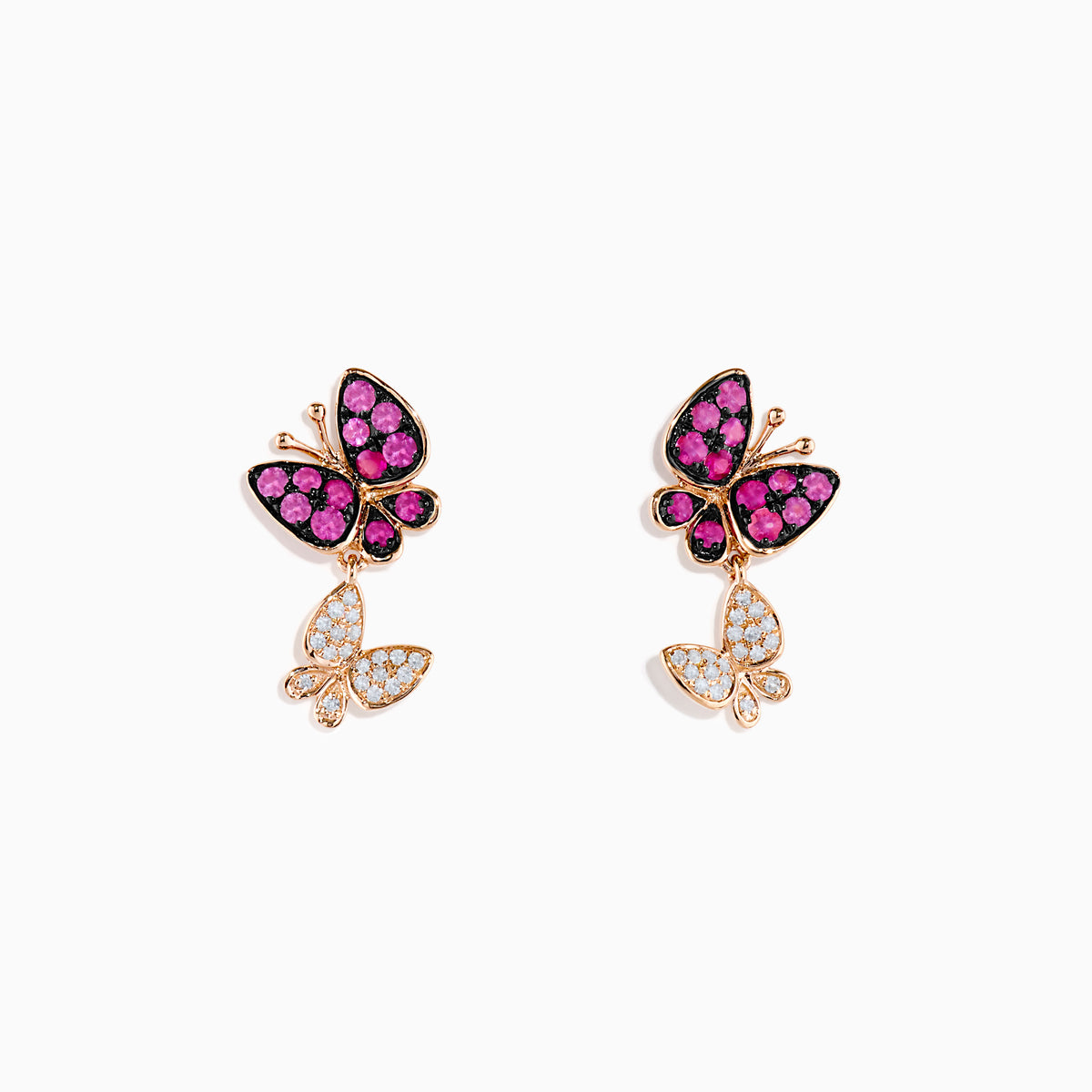 The 14K Rose Gold Pink Sapphire and Diamond Butterfly Earrings feature a large butterfly accented with pink sapphires and a smaller one set with sparkling diamonds—an elegant addition to any rose gold jewelry collection.
