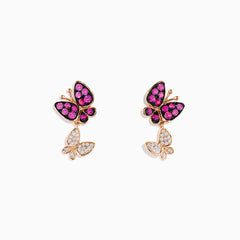 The 14K Rose Gold Pink Sapphire and Diamond Butterfly Earrings feature a large butterfly accented with pink sapphires and a smaller one set with sparkling diamonds—an elegant addition to any rose gold jewelry collection.