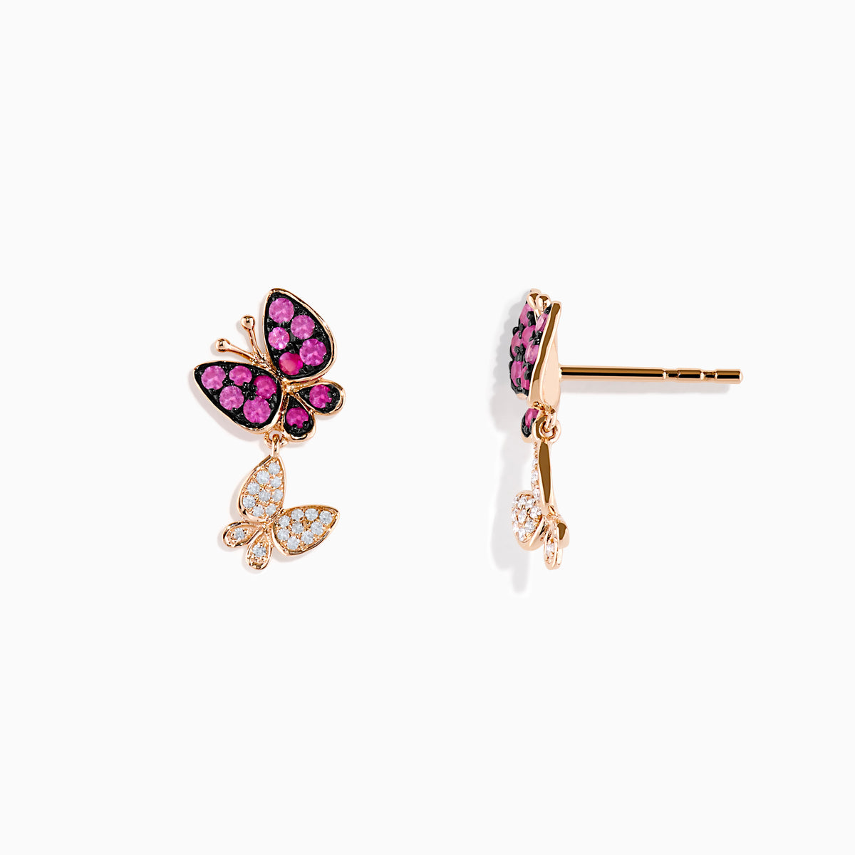 The 14K Rose Gold Pink Sapphire and Diamond Butterfly Earrings feature a large butterfly accented with pink sapphires and a smaller one set with sparkling diamonds—an elegant addition to any rose gold jewelry collection.