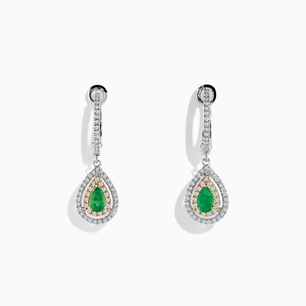 14K White & Yellow Gold Pear Shaped Double Diamond Halo Emerald Drop Earrings, with green emerald centers and two rows of diamonds in a classic halo design, displayed on a white background.