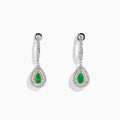 14K White & Yellow Gold Pear Shaped Double Diamond Halo Emerald Drop Earrings, with green emerald centers and two rows of diamonds in a classic halo design, displayed on a white background.