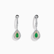 14K White & Yellow Gold Pear Shaped Double Diamond Halo Emerald Drop Earrings, with green emerald centers and two rows of diamonds in a classic halo design, displayed on a white background.