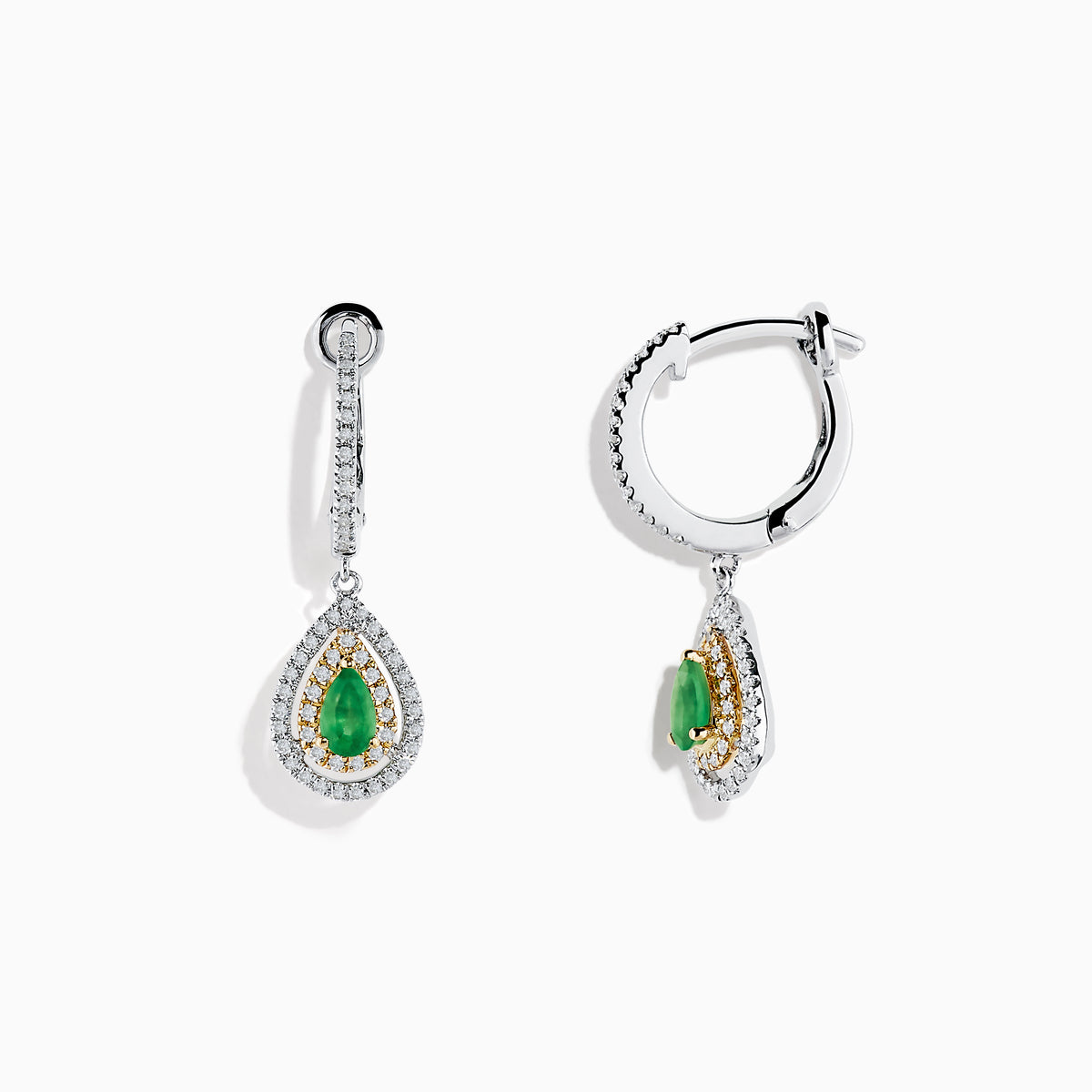 14K White & Yellow Gold Pear Shaped Double Diamond Halo Emerald Drop Earrings, with green emerald centers and two rows of diamonds in a classic halo design, displayed on a white background.