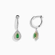 14K White & Yellow Gold Pear Shaped Double Diamond Halo Emerald Drop Earrings, with green emerald centers and two rows of diamonds in a classic halo design, displayed on a white background.